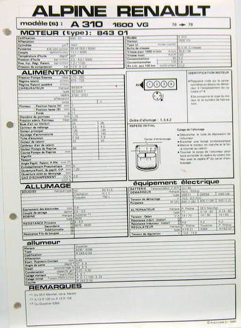 Couverture de 1976-78 ALPINE RENAULT A 310 4 CYLINDRES 1600 VG FICHE TECHNIQUE