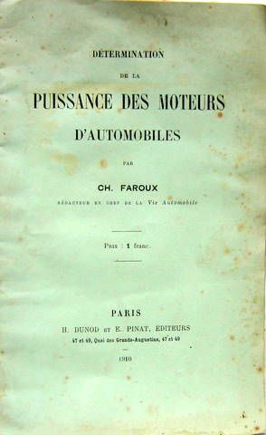 Couverture de 1910 DETERMINATION DE LA PUISSANCE DES MOTEURS D'AUTOMOBILES