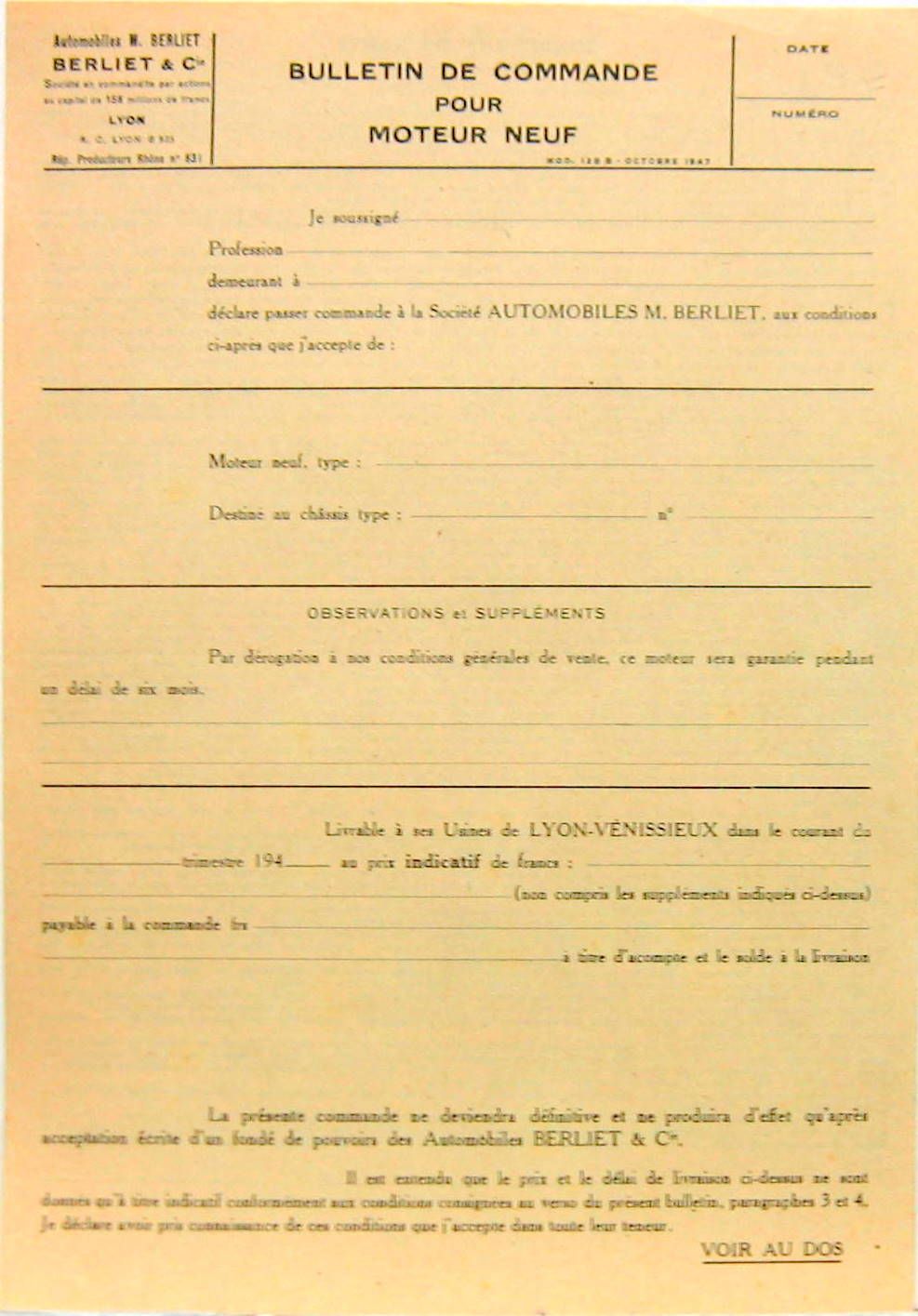 Couverture de 1947  BERLIET BULLETIN DE COMMANDE POUR MOTEUR NEUF