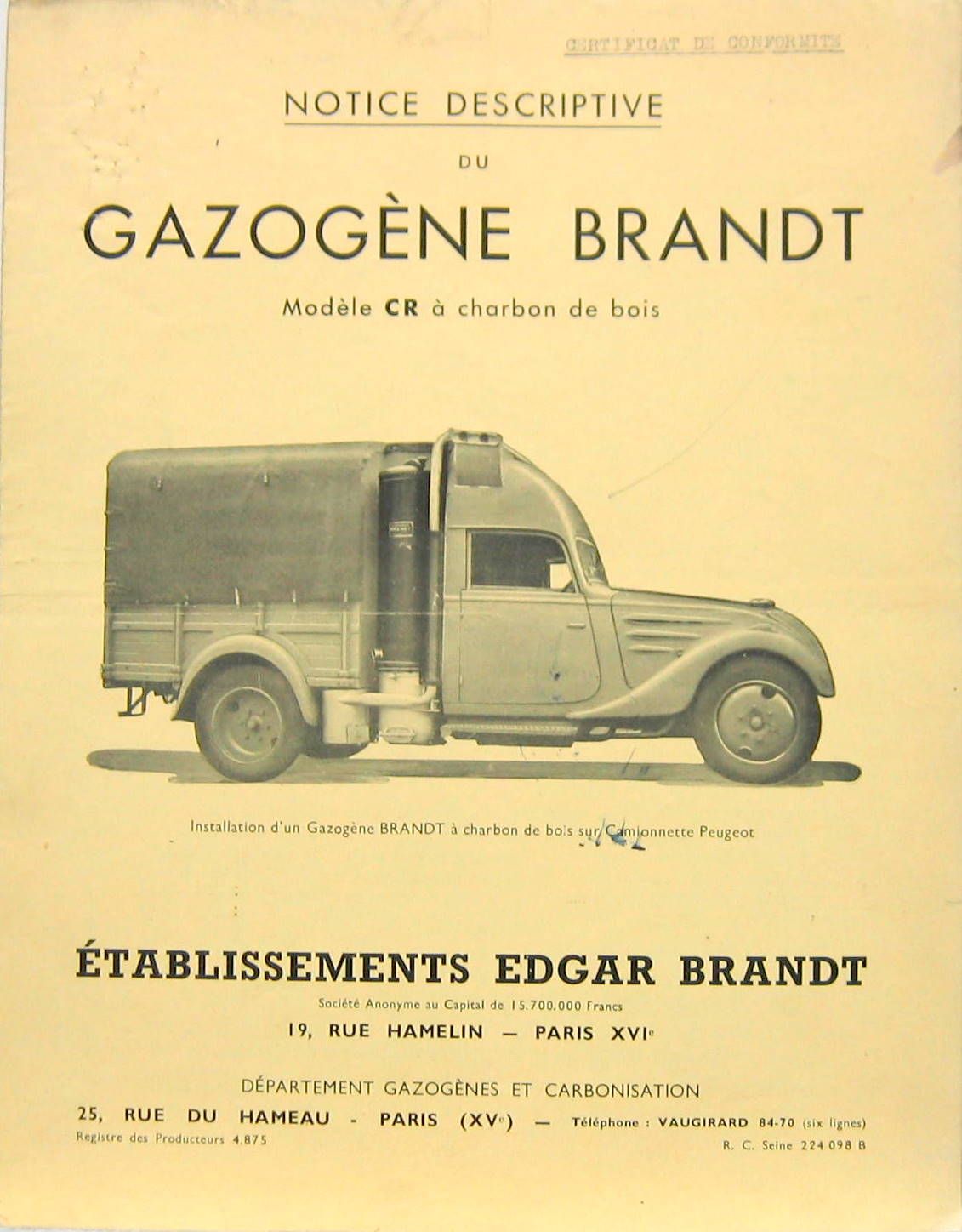 Couverture de 1940 GAZOGENE BRANDT NOTICE + LETTRE + CERTIFICAT D'HOMOLOGATION DE GAZOGENE SUR PEUGEOT 402