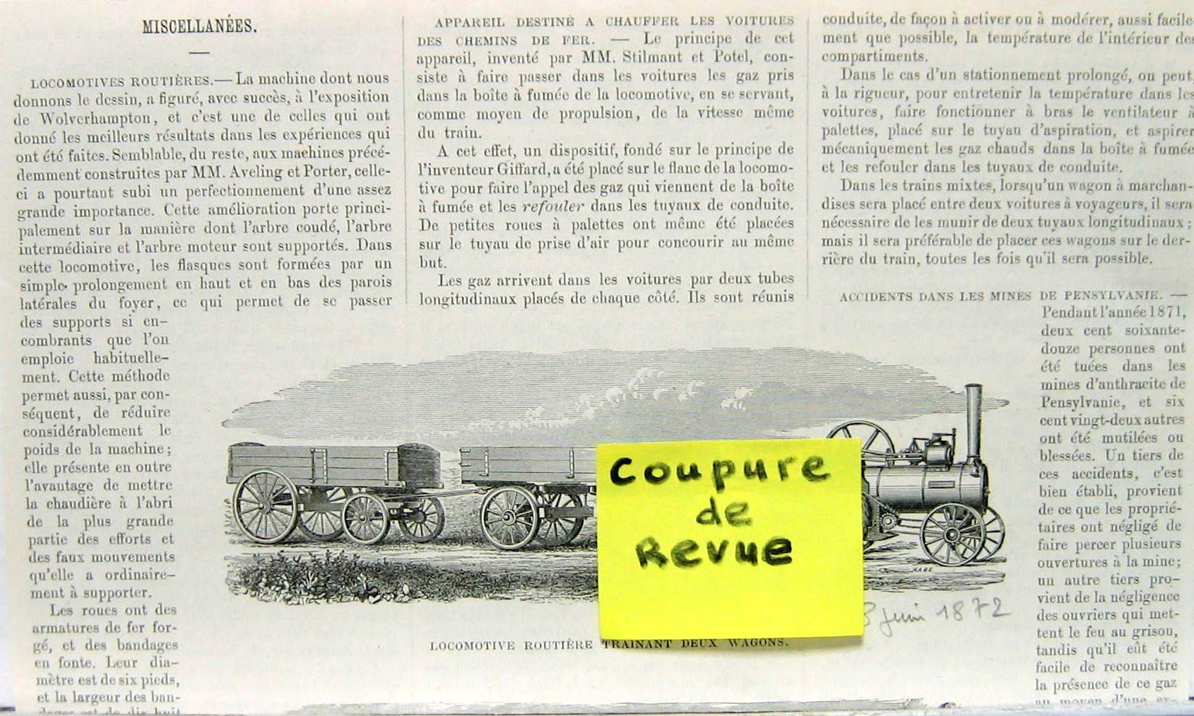 Couverture de 1872  LOCOMOTIVE ROUTIERE ARTICLE AVEC 2 GRAVURES DONT UNE TIRANT UN CANON