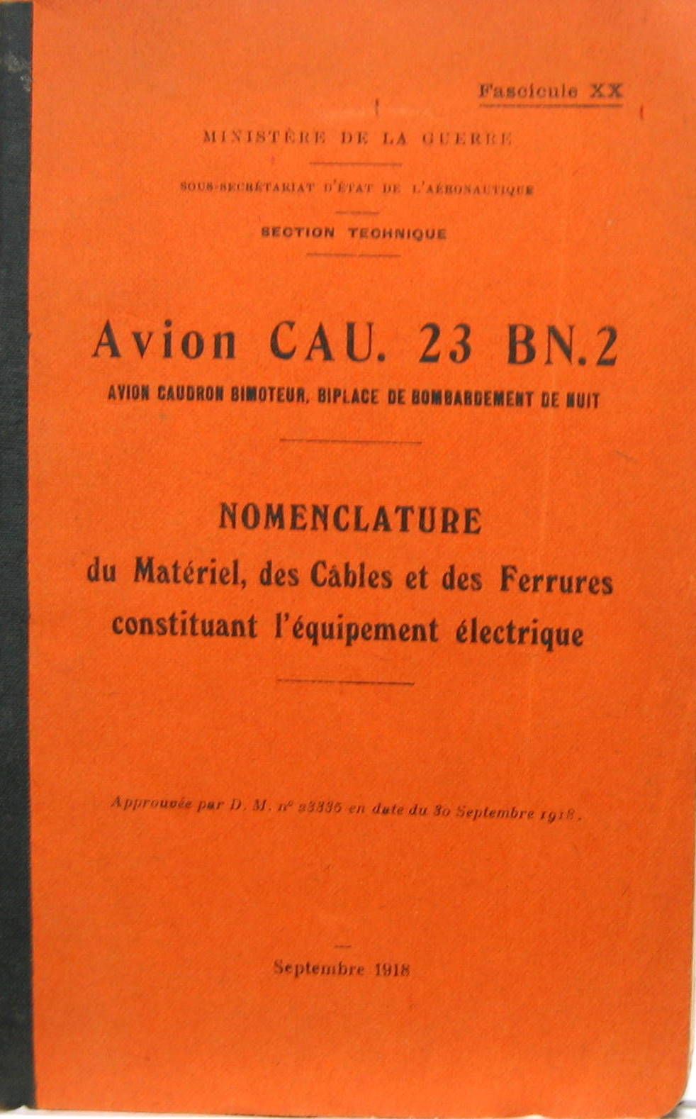 Couverture de 1918 CAUDRON BIMOTEUR BIPLACE DE BOMBARDEMENT DE NUIT CAU 23 BN2 NOMENCLATURE DE L'EQUIPEMENT ELECTRIQUE