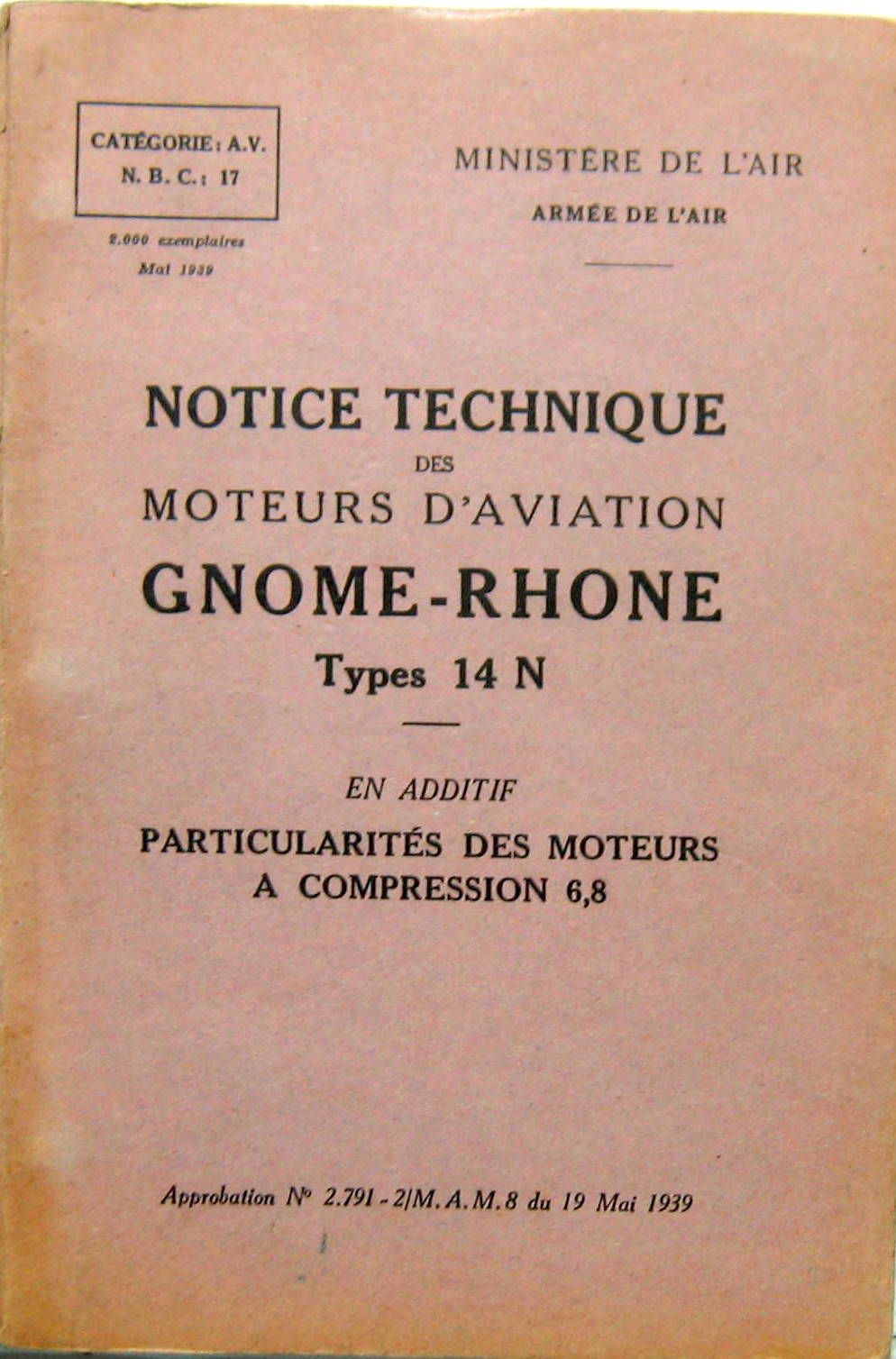 Couverture de 1939 GNOME ET RHONE MOTEUR TYPE 14 N +ADDITIFCOMPRESSION 6,8