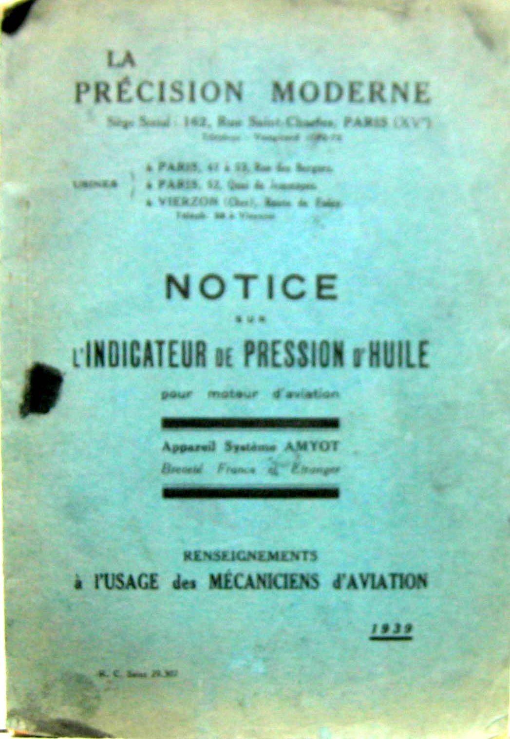 Couverture de 1939 L'INDICATEUR DE PRESSION D'HUILE POUR MOTEURS D'AVIATION SYSTEME AMYOT NOTICE