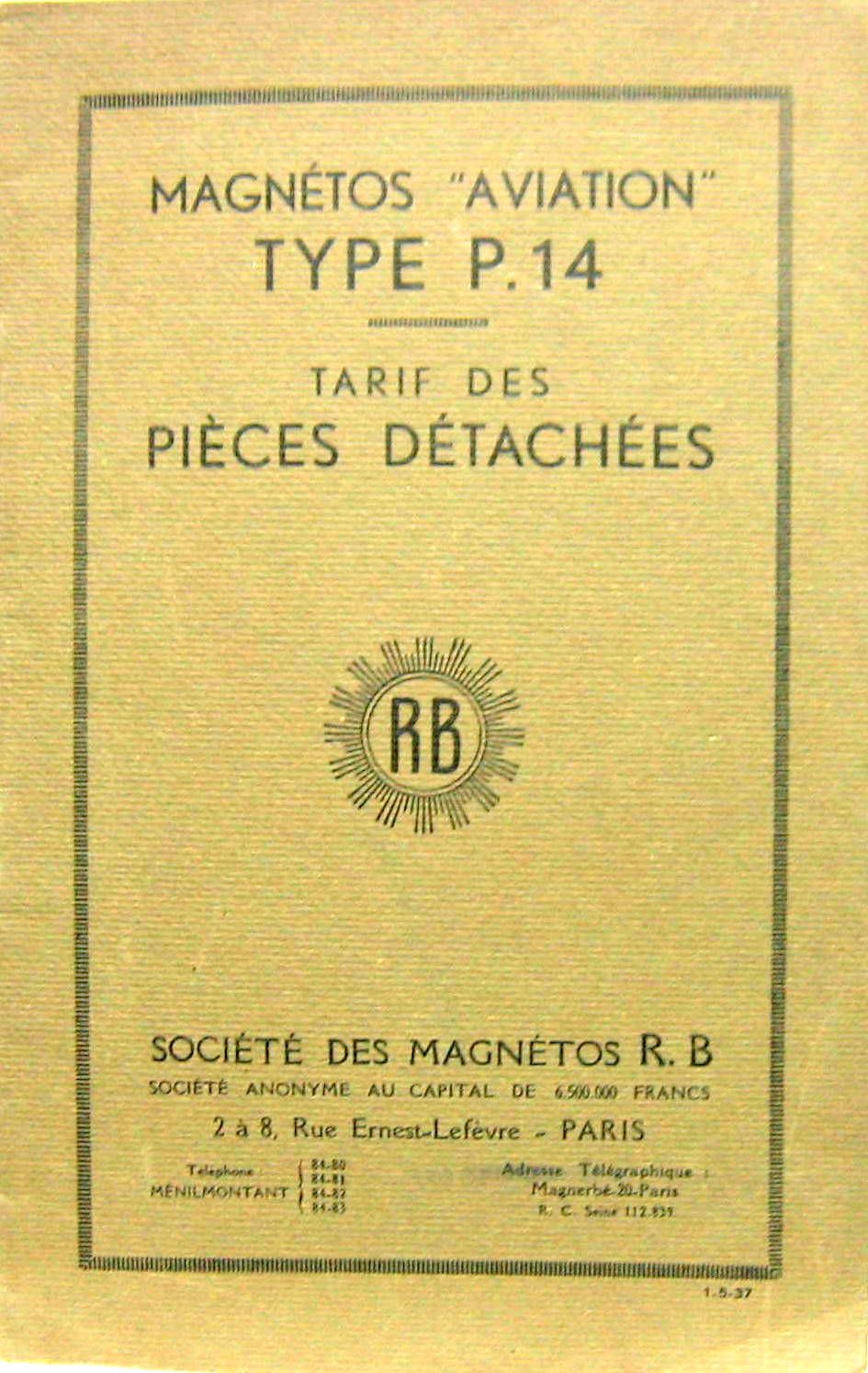 Couverture de 1937 MAGNETOS RB AVIATION TYPE P 14 NOTICE DES PIECES AVEC PLANCHES