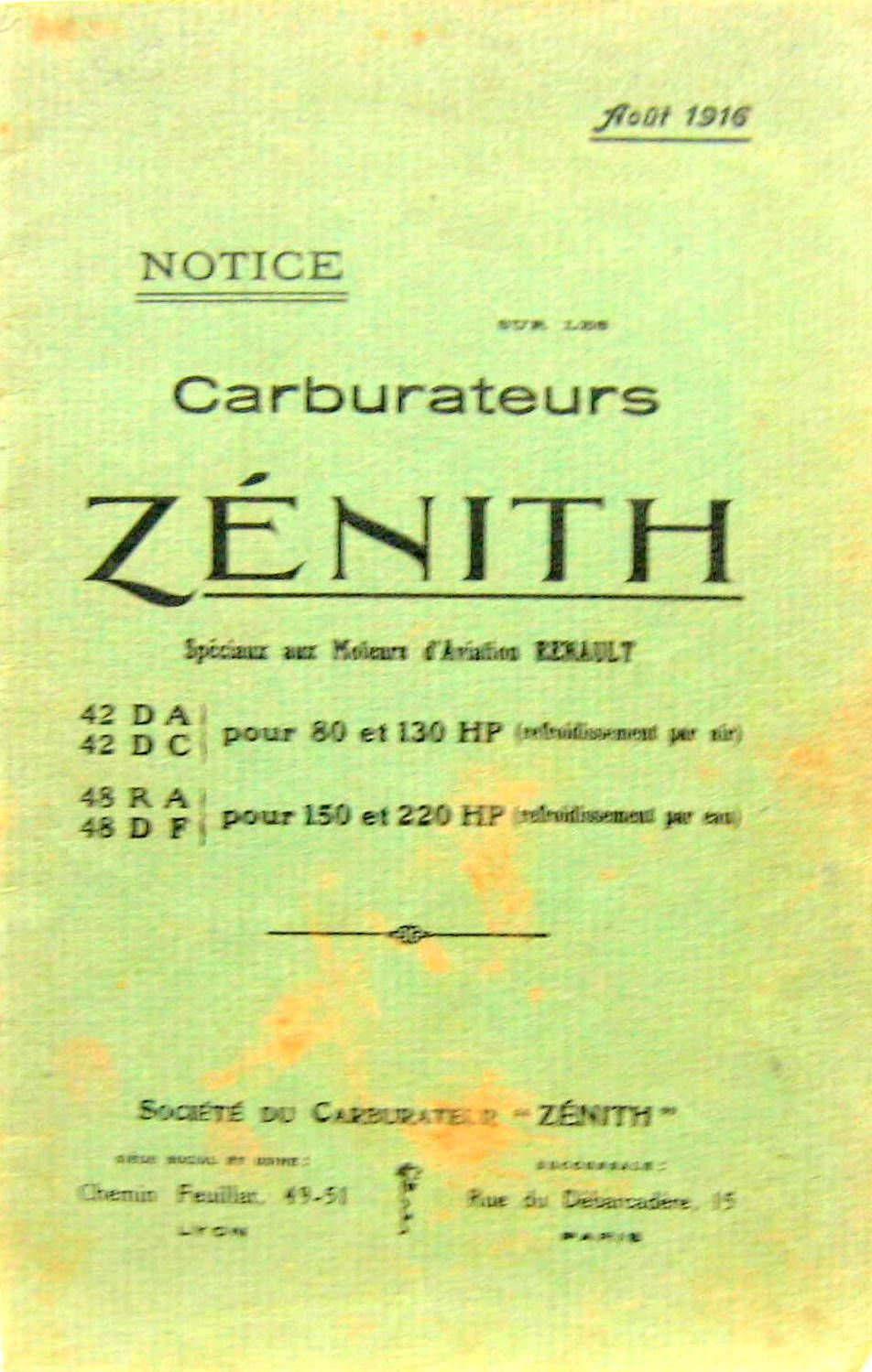 Couverture de 1916 CARBURATEUR ZENITH TYPE 42DA 42DC 48RA 48DF POUR MOTEURS D'AVIATION RENAULT    NOTICE