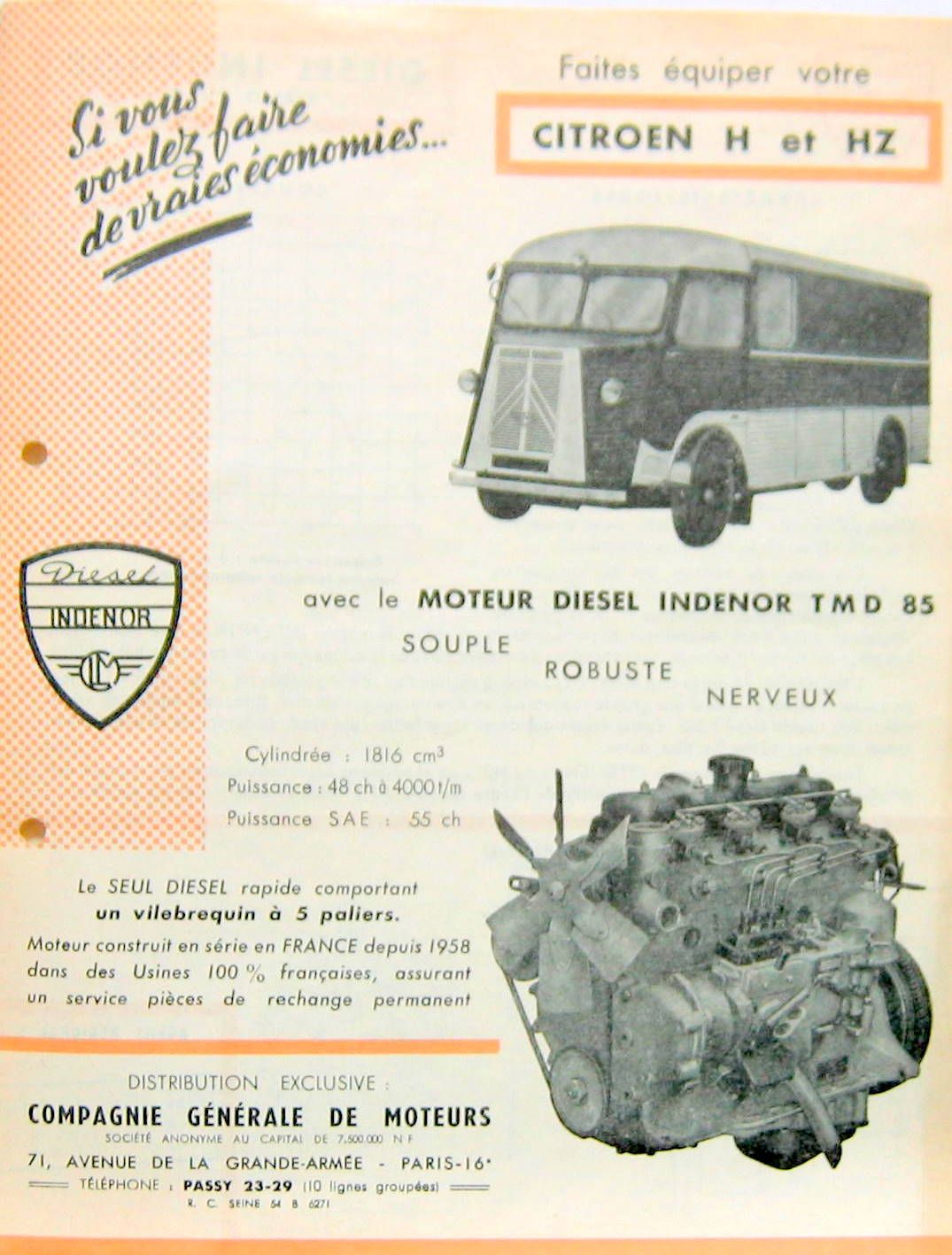Couverture de 1960 CITROEN TYPE H  DIESEL INDENOR TMD 85 PROSPECTUS