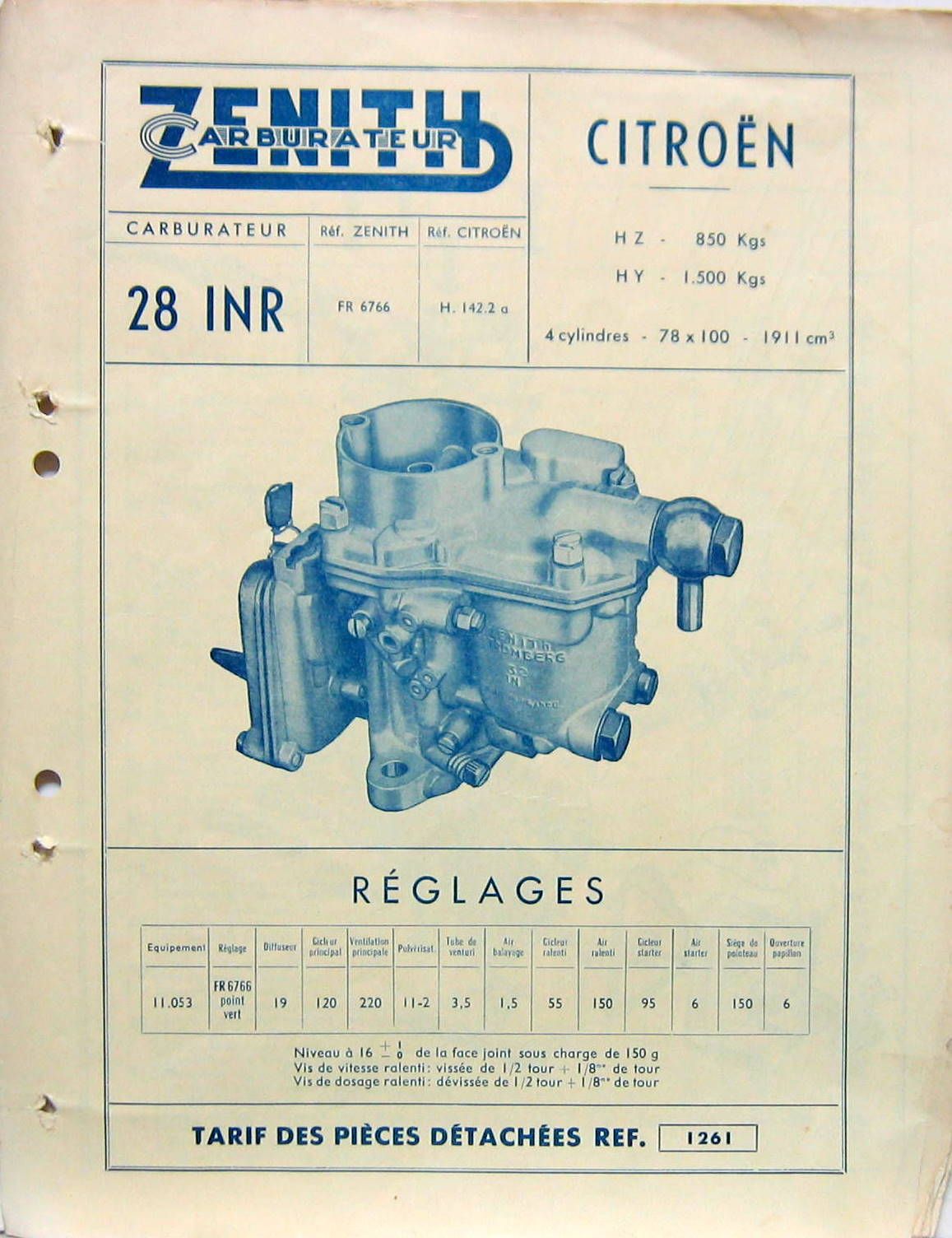 Couverture de 1960 CITROEN TYPE HZ HY CARBURATEUR ZENITH 28 INR CATALOGUE