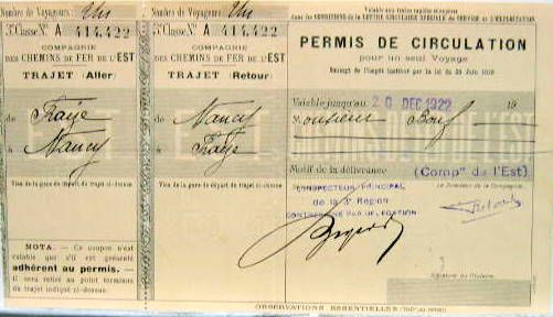 Couverture de 1922 CHEMINS DE FER DE L'EST PERMIS DE CIRCULATION