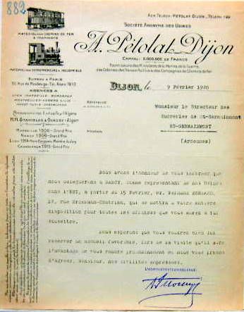 Couverture de 1920 A.PETOLAT DIJON LETTRE A ENTETE