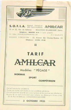 Couverture de 1935 AMILCAR PEGASE  NORMAL SPORT COMPETITION TARIF
