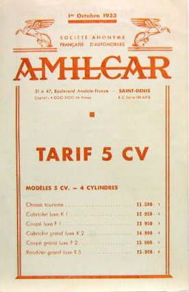 Couverture de 1933 AMILCAR 5 CV  ET SUPPLEMENTS TARIF