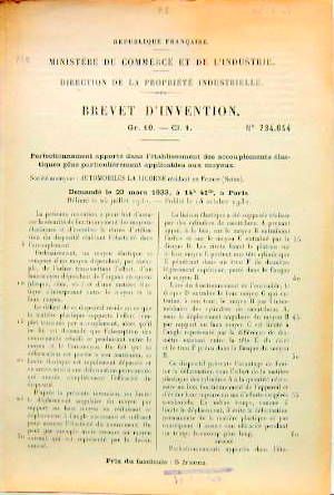 Couverture de 1932 LA LICORNE BREVET D'INVENTION SUR LES ACCOUPLEMENTS ELASTIQUES DANS LES MOYEUX