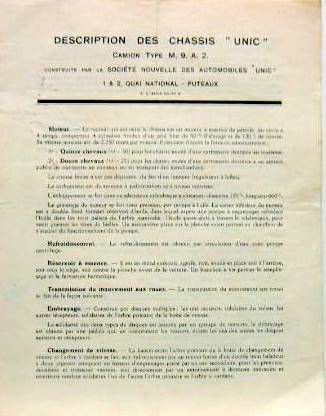 Couverture de 1931 UNIC CAMION TYPE M9A2 DESCRIPTION