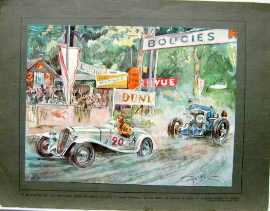 Couverture de SIMCA 6 CV AU BOL D'OR PILOTE PAR GORDINI DESSIN DE GEO HAM COLLE SUR SA FEUILLE DECOUPE DANS UNE REVUE D"EPOQUE