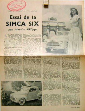 Couverture de 1947 ESSAI DE LA SIMCA SIX PROSPECTUS