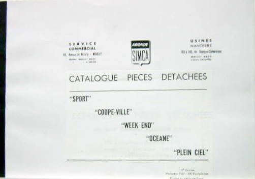 Couverture de 1957 SIMCA SPORT COUPE DE VILLE WEEK END OCEANE PLEIN CIEL CATALOGUE DE PIECES DETACHEES
