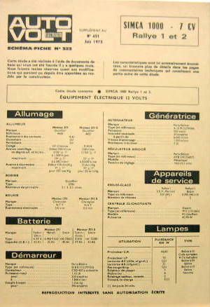 Couverture de SIMCA 1000 RALLYE 1 ET 2 FICHE TECHNIQUE AUTO VOLT