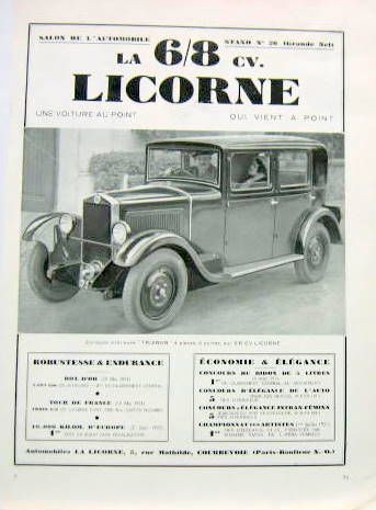 Couverture de 1931 LA LICORNE 6/8 CV   PUBLICITE D'EPOQUE DECOUPEE DANS UNE REVUE