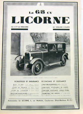 Couverture de 1931 LA LICORNE 6/8 CV LA 6 CV LA MEILLEURE   PUBLICITE D'EPOQUE DECOUPEE DANS UNE REVUE