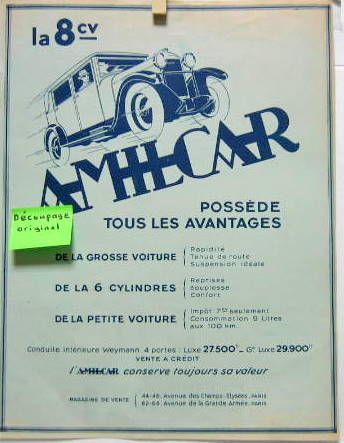 Couverture de 8 CV AMILCAR POSSEDE TOUS LES AVANTAGES PUBLICITE DECOUPEE DANS UNE REVUE D'EPOQUE