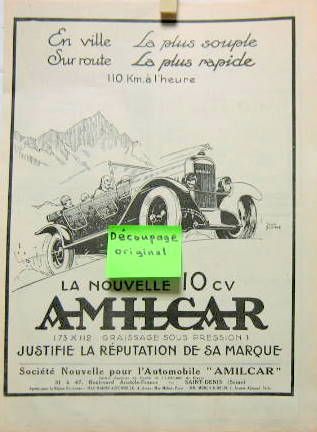 Couverture de AMILCAR 10 CV EN VILLE LA PLUS SOUPLE  PUBLICITE DECOUPEE DANS UNE REVUE D'EPOQUE