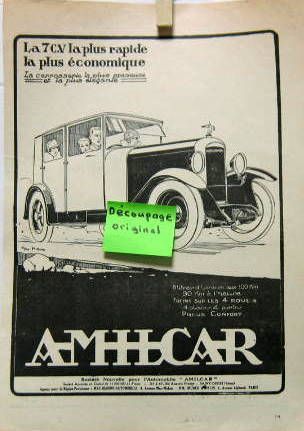 Couverture de AMILCAR 7 CV LA PLUS RAPIDE PUBLICITE DECOUPEE DANS UNE REVUE D'EPOQUE