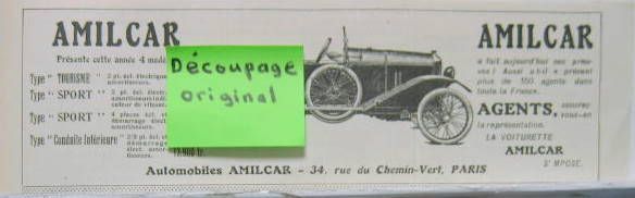 Couverture de AMILCAR PRESENTE CETTE ANNEE 4 MODELES PUBLICITE DECOUPEE DANS UNE REVUE D'EPOQUE