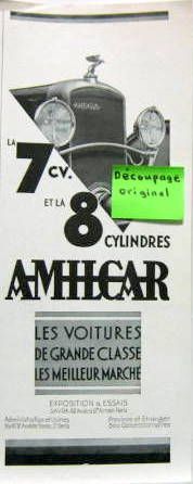 Couverture de AMILCAR LA 7 CV ET LA 8 CYLINDRES PUBLICITE DECOUPEE DANS UNE REVUE D'EPOQUE