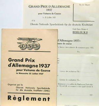 Couverture de 1937 GRAND PRIX D'ALLEMAGNE REGLEMENT ET FEUILLE D'ENGAGEMENT VIERGE