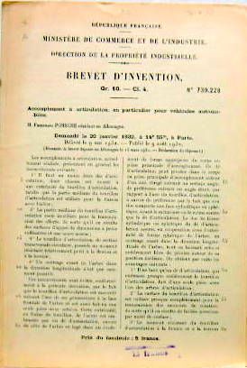 Couverture de 1932 PORSCHE FERDINAND BREVET D'INVENTION POUR ACCOUPLEMENT A ARTICULATION EN PARTICULIER POUR VEHICULES AUTOMOBILES
