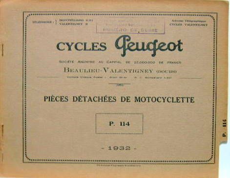 Couverture de 1932 PEUGEOT MOTO 175 CM3 TYPE P 114 CATALOGUE DE PIECES DETACHEES