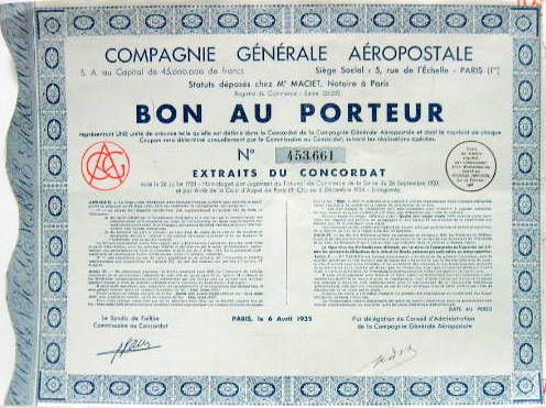 Couverture de 1935 COMPAGNIE GENERALE AEROPOSTALE BON AU PORTEUR
