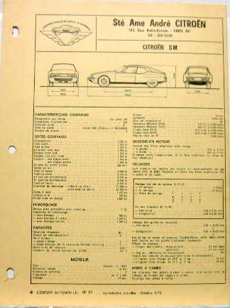 Couverture de 1972  CITROEN SM FICHE TECHNIQUE