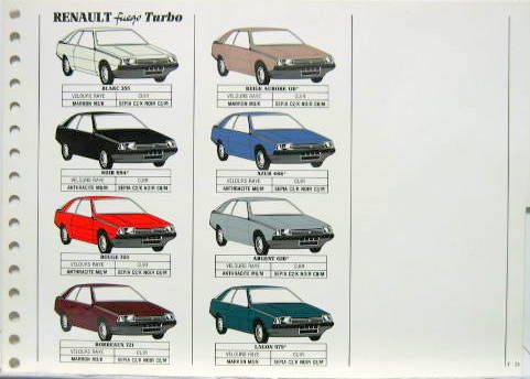 Couverture de 1985 RENAULT FUEGO TURBO PLANCHE DE COLORIS