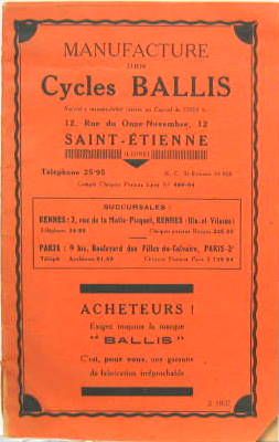 Couverture de 1937 CYCLES BALLIS SAINT ETIENNE