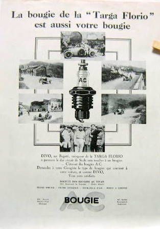 Couverture de BUGATTI A LA TARGA FLORIO PUBLICITE AC DECOUPEE DANS LES REVUES D'EPOQUE