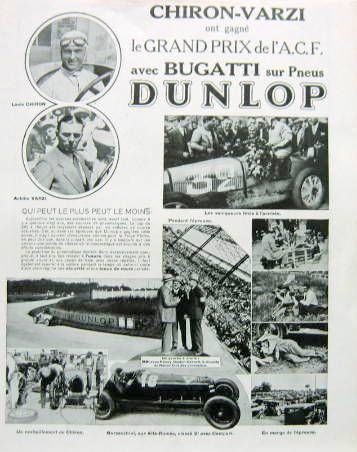 Couverture de BUGATTI AU GRAND PRIX DE L'ACF PUBLICITE DUNLOP DECOUPEE DANS LES REVUES D'EPOQUE