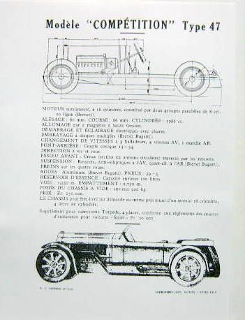 Couverture de 1929 BUGATTI 47 COMPETITION  FICHE DESCRIPTIVE