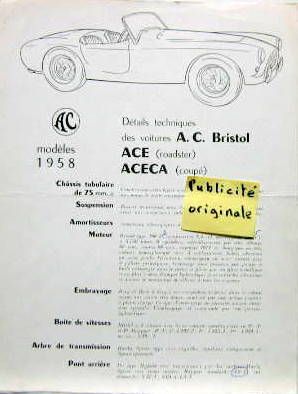 Couverture de 1958 AC BRISTOL ACE ACECA  EN ANGLAIS PROSPECTUS ORIGINAL