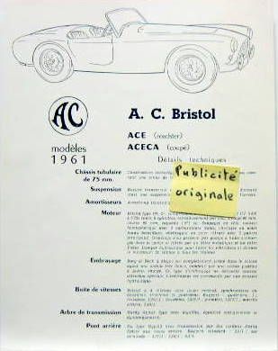 Couverture de 1961 AC BRISTOL ACE ACECA  PROSPECTUS ORIGINAL EN FRANCAIS