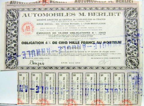 Couverture de 1953 BERLIET OBLIGATIONS AVEC 9 COUPONS