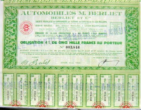 Couverture de 1943 BERLIET OBLIGATIONS AVEC 19 COUPONS