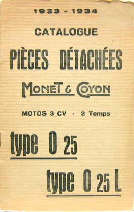 Couverture de 1933-1934 MONET GOYON 3 CV 2 TEMPS TYPE 025-025L CATALOGUE DE PIECES DETACHEES