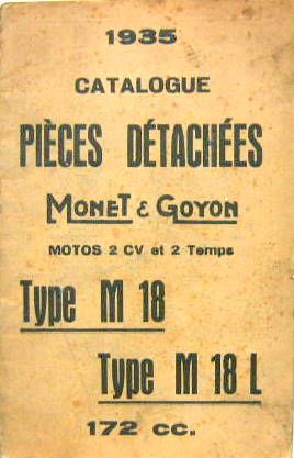 Couverture de 1935 MONET GOYON 2 CV 2 TEMPS TYPE M18 et M18L 172 CC CATALOGUE DE PIECES DETACHEES