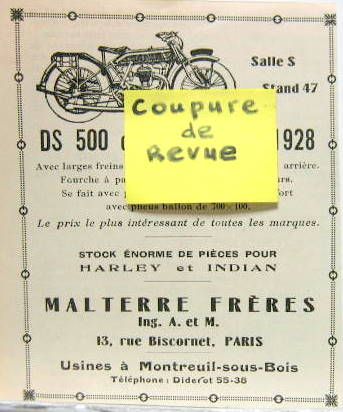 Couverture de 1928 MALTERRE DS 500 CC DECOUPAGE DE REVUE D'EPOQUE