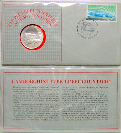Couverture de LAMBORGHINI COUNTACH LP 400 EVELOPPE TIMBREE 1 er JOUR AVEC UNE MEDAILLE EN ARGENT MASSIF DEVANT LES THERMES DE MONTESANO EN 1974