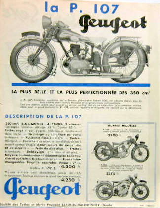 Couverture de PEUGEOT MOTO P 107 350 CM3 DESCRIPTION ET VOYAGE DE R.SESE PROSPECTUS