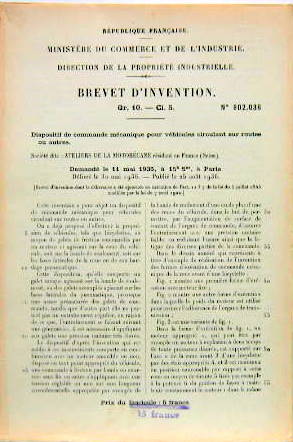 Couverture de 1936 MOTOBECANE BREVET SUR LES MOYENS DE FRICTION COMMANDES PAR UN MOTEUR ET AGISSANT SUR LA ROUE DU VEHICULE
