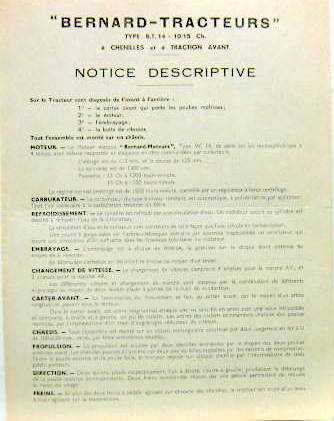 Couverture de TRACTEUR BERNARD BT 14 10/15 CH A CHENILLES DE 1949 NOTICE DESCRIPTIVE